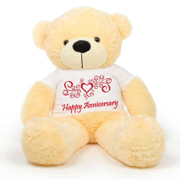 Peach 5 feet Big Teddy Bear wearing a Happy Anniversary T-shirt